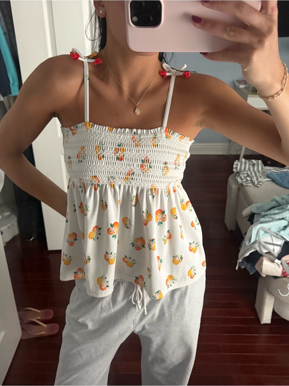 kate spade White Cami with Orange Fruit Print and Red Tie Accents